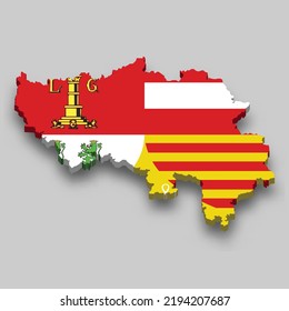 3d isometric Map of Liege is a region of Belgium with national flag
