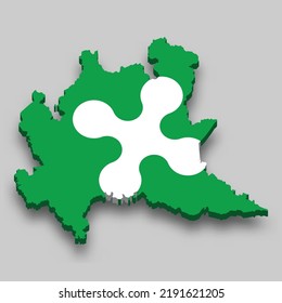 3d isometric Map of Lombardy is a region of Italy with national flag