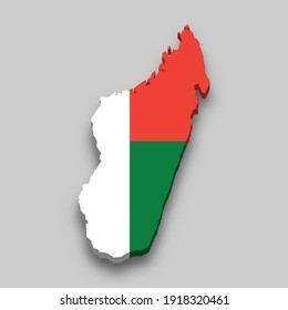 Mapa isométrico 3d de Madagascar con bandera nacional. Ilustración vectorial.