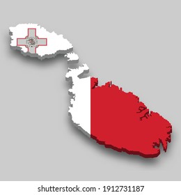 3d Mapa isométrico de Malta con bandera nacional. Ilustración vectorial.