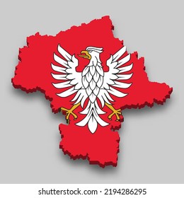 3d isometric Map of Masovia is a region of Poland with national flag