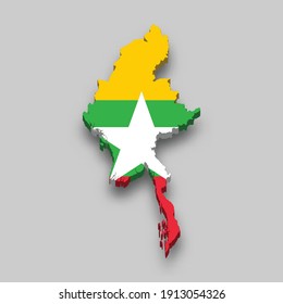 3d isometric Map of Myanmar with national flag. Vector Illustration.