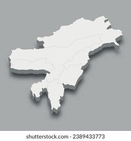 3d isometric map North Eastern Region of India, isolated with shadow