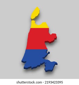 3d isometric Map of North Holland is a region of Netherlands with national flag