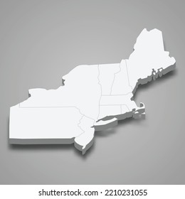 3d Isometric Map Northeast Region Of United States, Isolated With Shadow