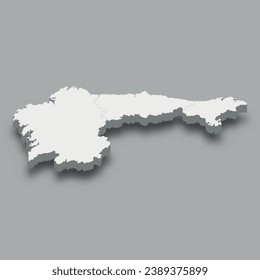3d isometric map North-West Region of Spain, isolated with shadow