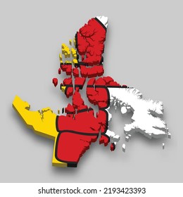 3d isometric Map of Nunavut is a region of Canada with national flag