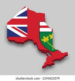 3d Mapa isométrico de Ontario es una región de Canadá con bandera nacional