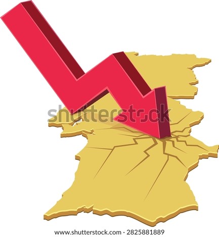3D isometric map of Portugal cracking under a crashing red arrow representing economic recession, financial crisis, market decline, inflation, and bankruptcy (cut out)