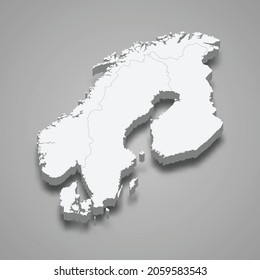 3d isometric map of Scandinavia region, isolated with shadow vector illustration