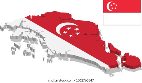 3d isometric map of Singapore with flag texture, capital.