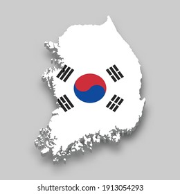 3d isometric Map of South Korea with national flag. Vector Illustration.