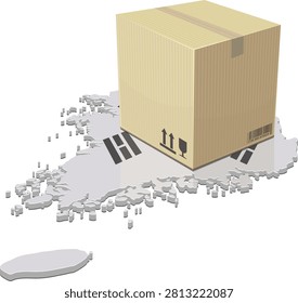 3D isometric map of South Korea with national flag and a large cardboard parcel representing international trade, domestic shipping, and e-commerce supply chain (cut out)