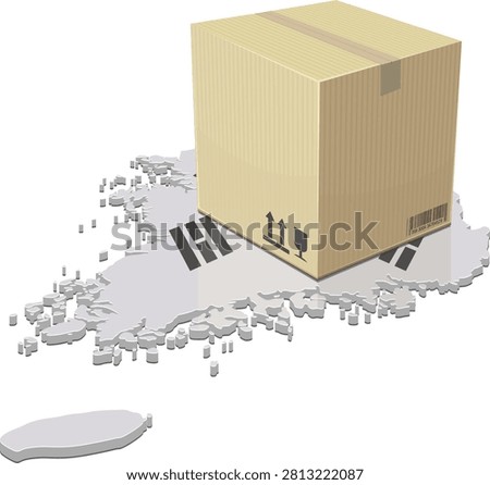 3D isometric map of South Korea with national flag and a large cardboard parcel representing international trade, domestic shipping, and e-commerce supply chain (cut out)