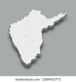 Mapa isométrico 3d Región Sur de India, aislado con sombra