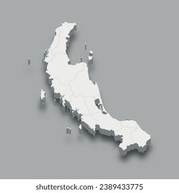 Mapa isométrico 3d Región Sur de Tailandia, aislado con sombra