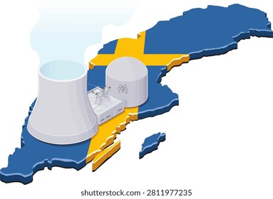 3D isometric map of Sweden textured with Swedish flag holding a nuclear power plant symbol for regional electricity supply, carbon free energy production and eco industry (cut out)