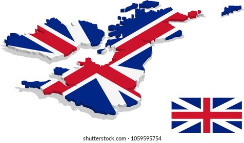 3d isometric map of United Kingdom with flag texture, capital.