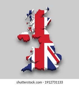 3d isometric Map of United Kingdom with national flag. Vector Illustration.