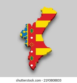 3d isometric Map of Valencian Community is a region of Spain with national flag