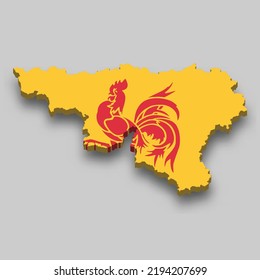 3d isometric Map of Wallonia is a region of Belgium with national flag