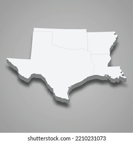 3d Isometric Map West South Central Region Of United States, Isolated With Shadow