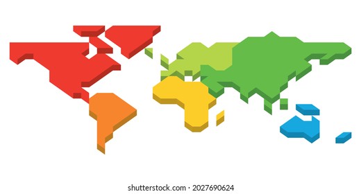 3D isometrische Karte der Welt. Jeder Kontinent in einer anderen Farbe. Vektorgrafik