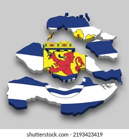 3d isometric Map of Zeeland is a region of Netherlands with national flag