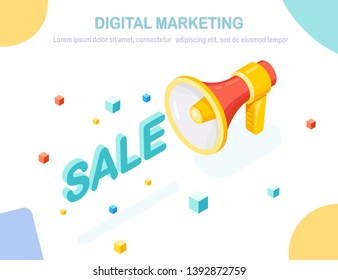 3d isometric megaphone, loudspeaker with text. Discount sale. Online shopping concept. Buy in retail shop by internet. Digital marketing. Business development advertising Vector design for web banner