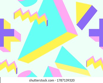 3d isometric memphis style seamless pattern. Geometric shapes in memphis style 80s. Background for promotional products, wrapping paper and printing. Vector illustration