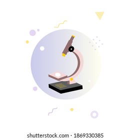 3D isometric microscope in circle icon with Memphis style vector illustration. 