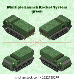 3D isometric military multiple missile system protective green in four projections Part one