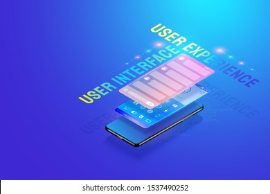 3D Isometric Mobile App UI UX Design illustration, Creating and design user interface, user experience and application development concept vector.