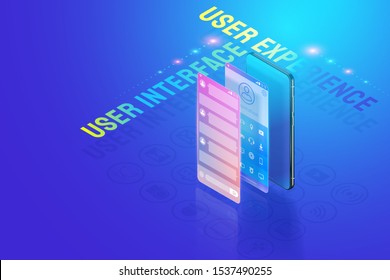 3D Isometric Mobile App UI UX Design illustration, Creating and design user interface, user experience and application development concept vector.