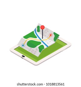 3d isometric mobile GPS navigation concept, vector on white background