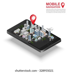 3d isometric mobile GPS navigation concept, Smartphone with city map application and marker pin pointer, vector