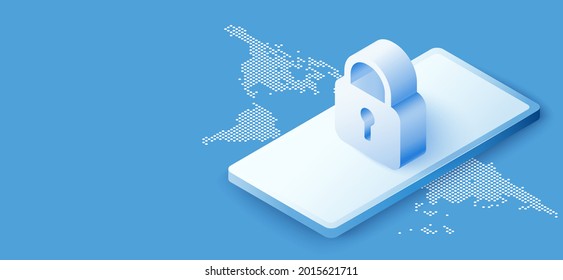 3D isometric mobile with padlock security concept. Digital technology data protection. Vector art illustration background