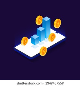 3d Isometric Mobile Payment Concept. Growth Of Sales Rate. Vector Illustration Of Increase Conversion. Smartphone, Graph And Gold Coins.