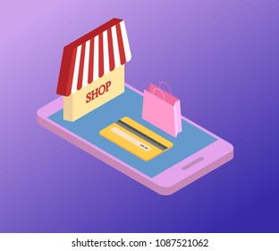 3D Isometric mobile store concept. Vector illustration with smartphone, shop building and credit card. Concept of e-commerce sales, online shopping, digital marketing.