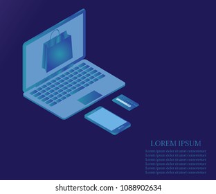 3D Isometric mobile store concept. Vector illustration with laptop, shop building and credit card. Concept of e-commerce sales, online shopping, digital marketing.