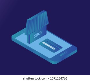 3D Isometric mobile store concept. Vector illustration with smartphone, shop building and credit card. Concept of e-commerce sales, online shopping, digital marketing.