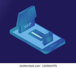 3D Isometric mobile store concept. Vector illustration with smartphone, shop building and credit card. Concept of e-commerce sales, online shopping, digital marketing.