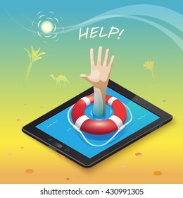 3d isometric mobile web surfer infographics concept.
Conceptual illustration of life buoy on a mobile device and a hand gesture for help in the middle of the hot desert into an oasis of information.