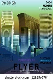 3D isometric modern brochure, abstract flyer with background of buildings. City scene. Layout template.  Poster of blue, gray and purple  color. Magazine cover. 
Corporate Identity Design Template.
