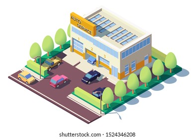 3d isometric modern car auto service with parking. Concept urban public organization, classic city vehicle. Low poly. Vector illustration.