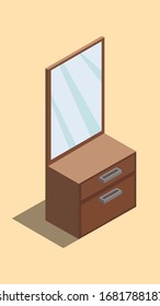 Un tocador moderno isométrico tridimensional con un gran espejo rectangular y dos cajones. Se puede utilizar en diseños de decoración interior isométrica. Ilustración vectorial.