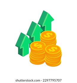 concepto de crecimiento del dinero isométrico 3D. Vector de la gráfica de flechas verdes hacia arriba y monedas de oro en dólares en blanco. gráfico de tendencia ascendente 3D. Infografía de negocios, datos financieros para aplicaciones, web, publicidad.