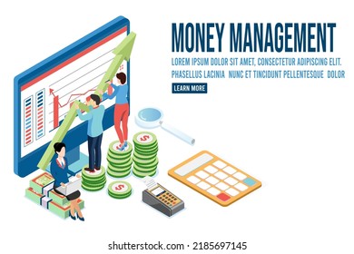 3D isometrisches Geldmanagement mit Kapitalrendite, Einkommenswachstum, langfristigen Investitionen, Bankeinlagen, Billfache und Rechner.  Vektorgrafik eps10