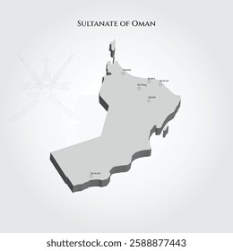 3D Isometric Monochrome Map of Oman with Cities Labeled