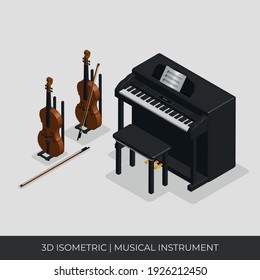 3D Isometric Musical Instruments set, piano and violin vector.